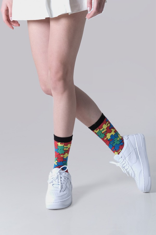 Puzzle Desenli Kadın Çorap